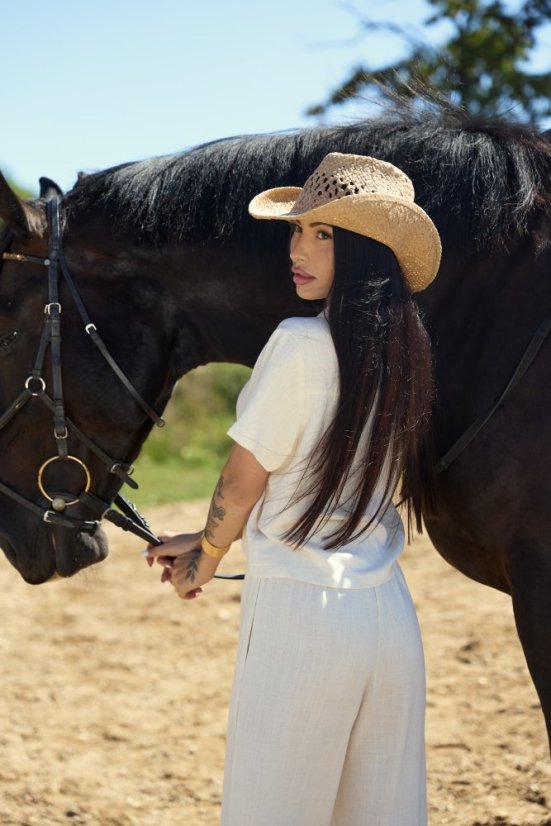 Lněné kalhoty LINA Ivory - Velikost: M