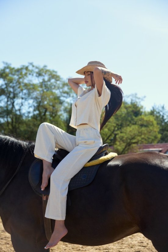 Lněné kalhoty LINA Ivory - Velikost: M